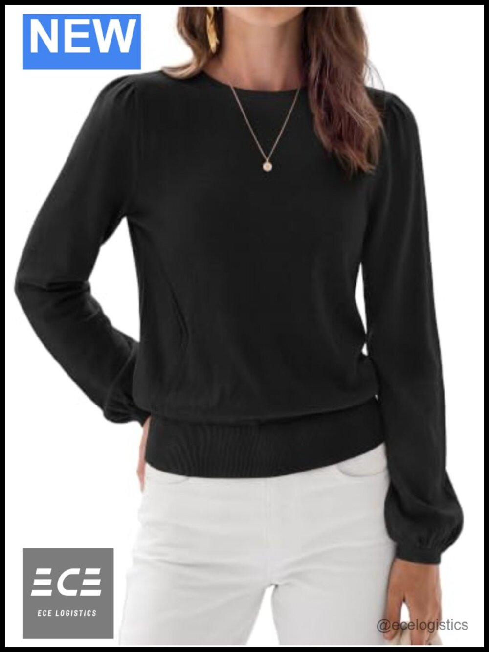Women's Puff Sleeve Knit Sweater Crewneck Ruched Shoulder Pullover